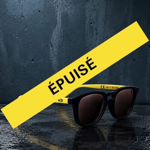 Sonnenbrille, schwarzer Rahmen, braune Gläser, gelbes Klebeband, Épuisé